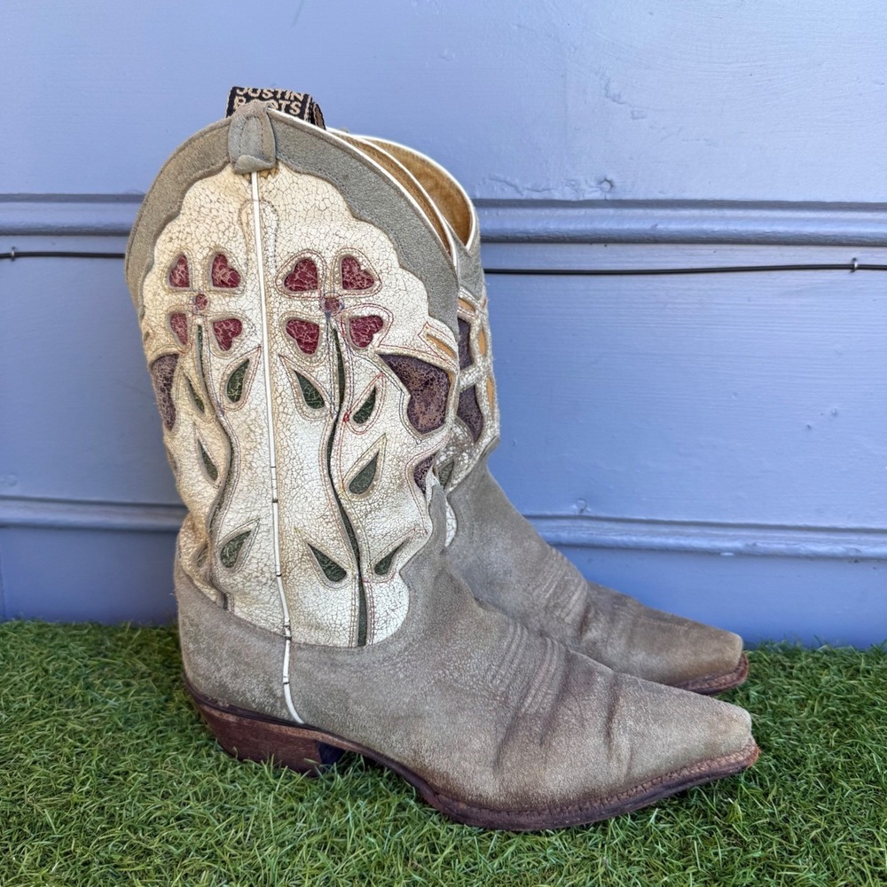 Vtg Justin Flower Boots Leather Western Cowboy Boots Womens Size 8 B Snip Toe